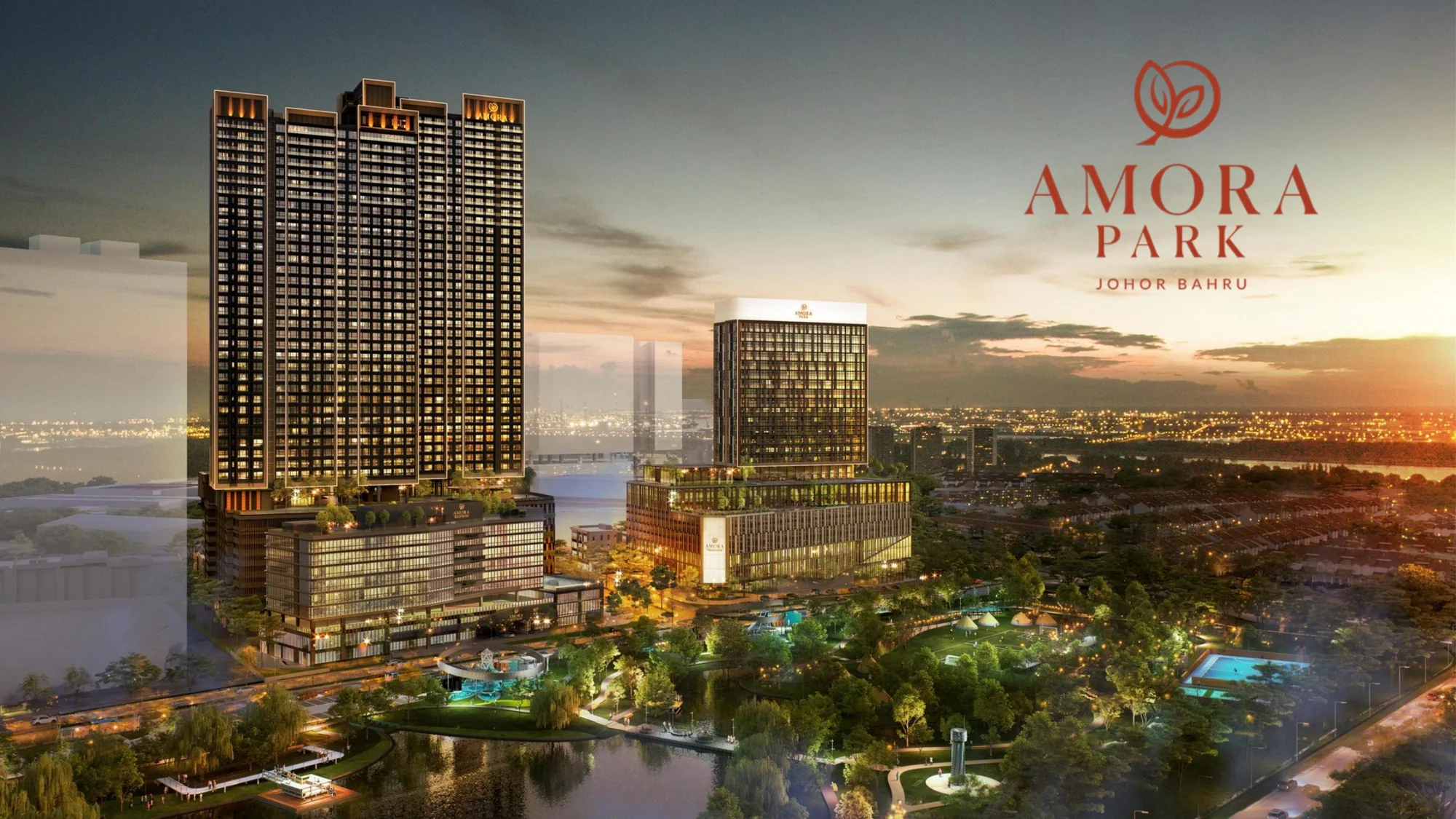 Architectural rendering of AMORA Serviced Residence and its landscaped surroundings
