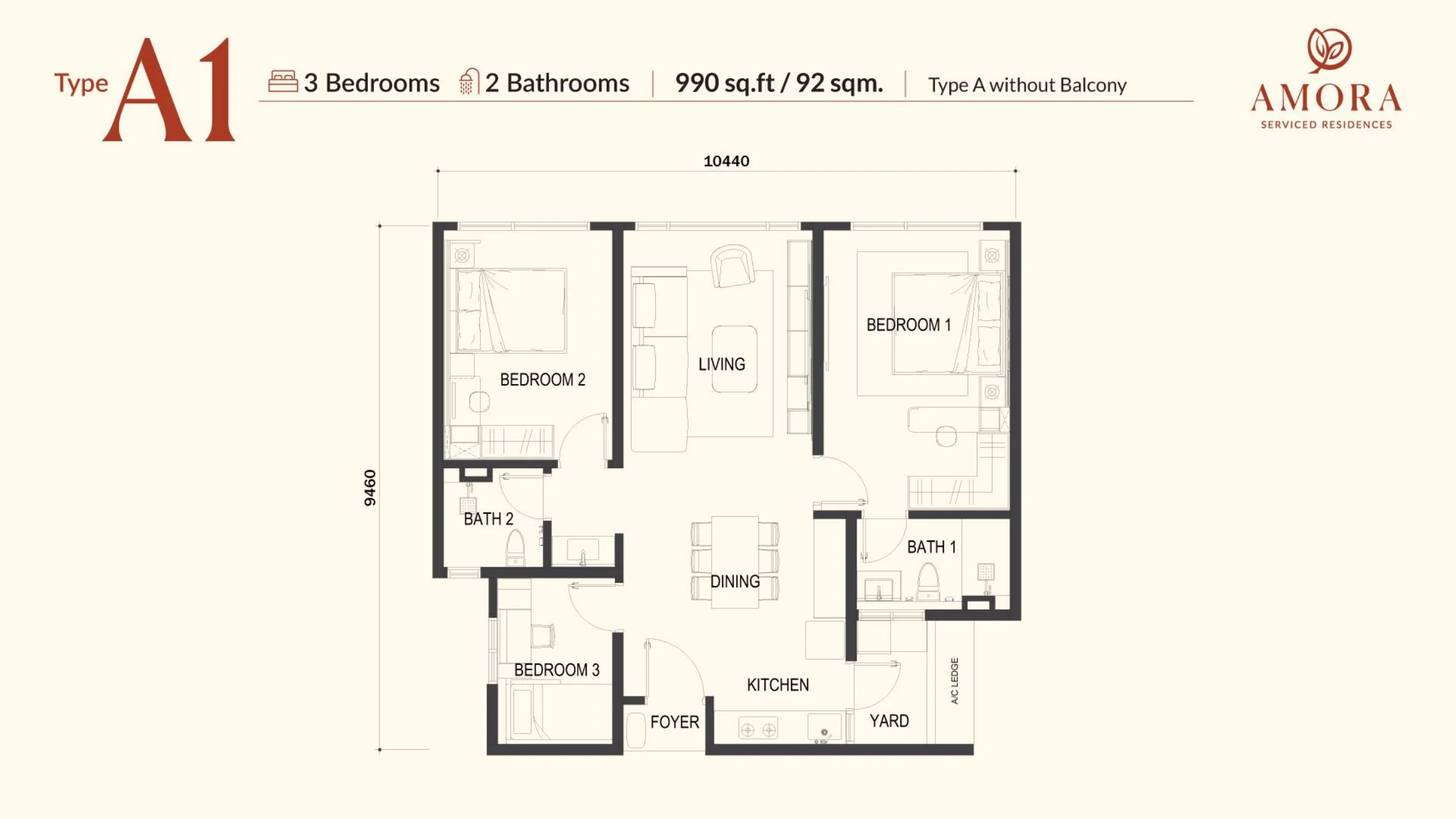 Amora Park Type A1 floor plan, 3-bedroom layout